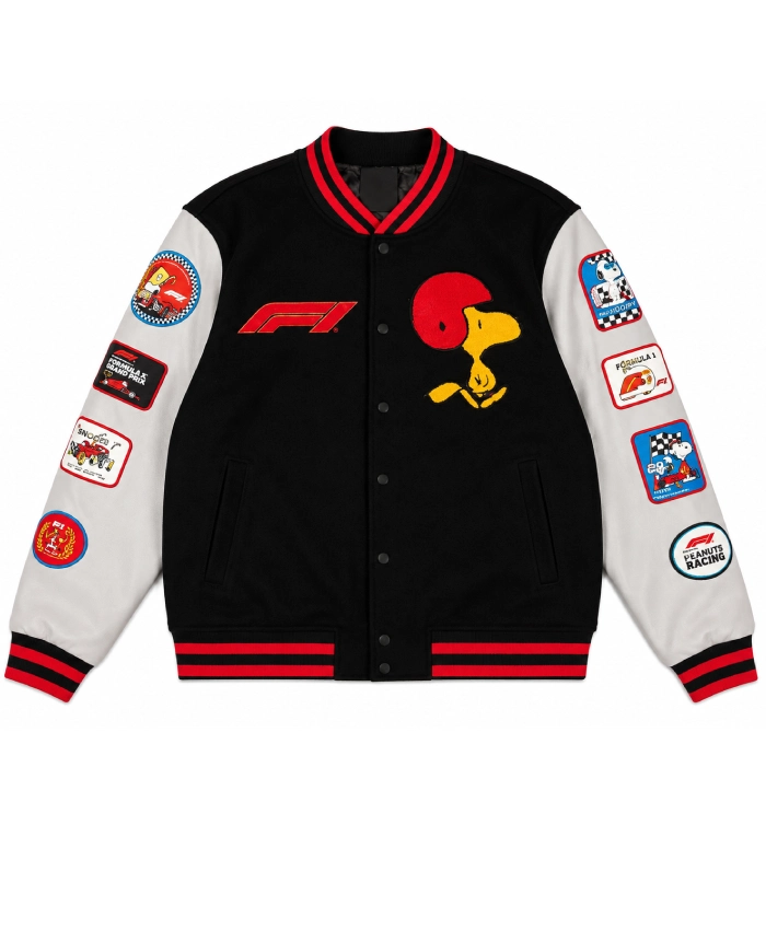 Peanuts Snoopy Dog x Formula 1 Las Vegas Grand Prix Black Wool and Leather Varsity Jacket