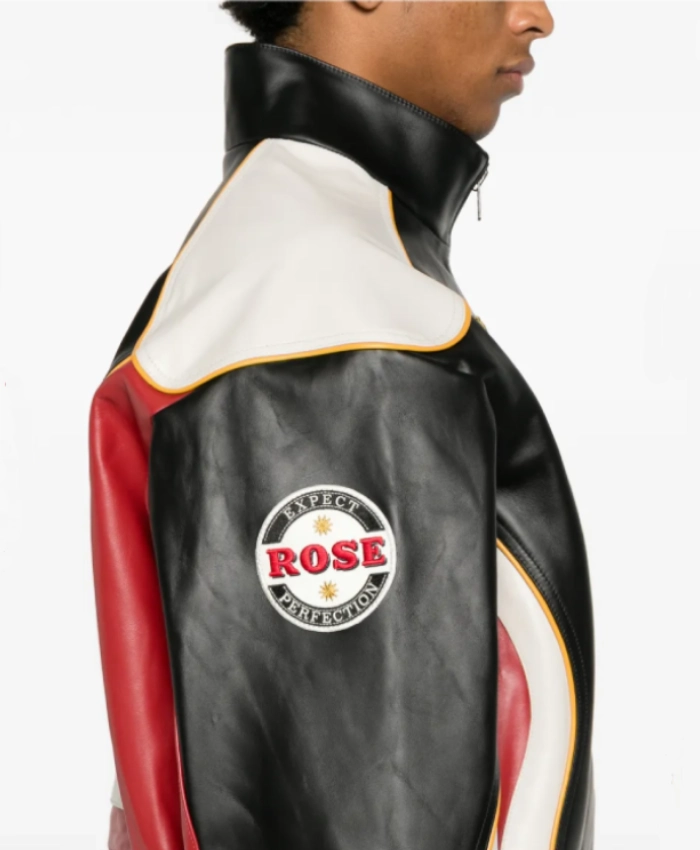 Rihanna Martine Rose Logo Patch Leather Jacket