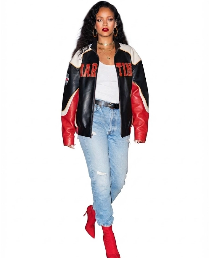 Rihanna Martine Rose Logo Patch Multicolor Leather Jacket