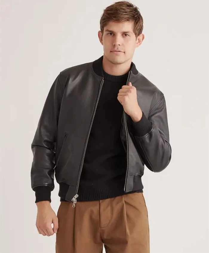 Ron K Quince Washed Black Leather Bomber Jacket