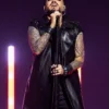 Roundhouse 2026 Adam Lambert Sleeves Less Black Leather Long Coat For Men