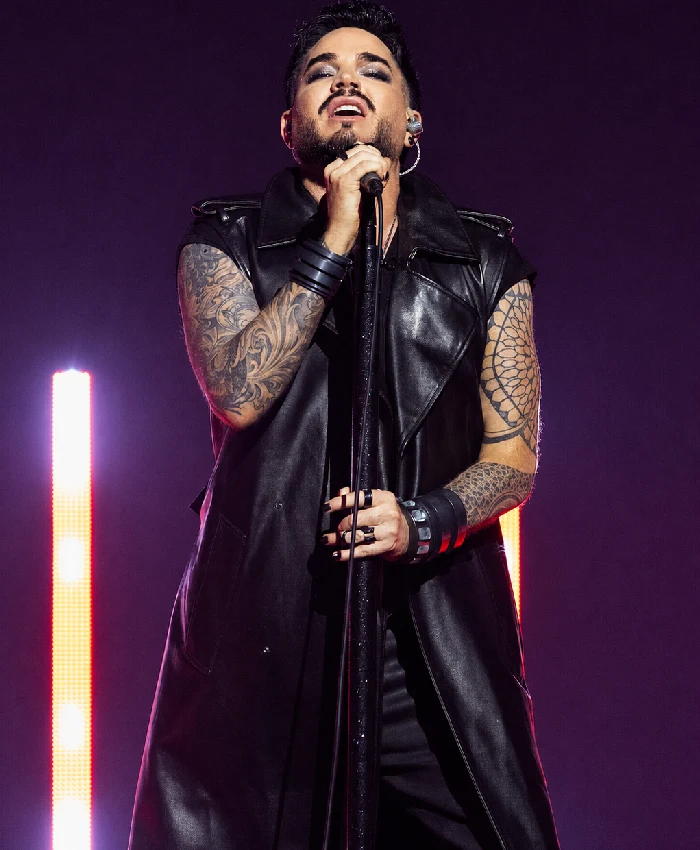 Roundhouse 2026 Adam Lambert Sleeves Less Black Leather Long Coat For Men
