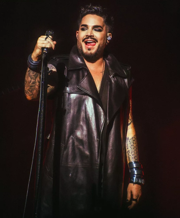 Roundhouse Adam Lambert Sleeves Less Black Leather Long Coat For Men
