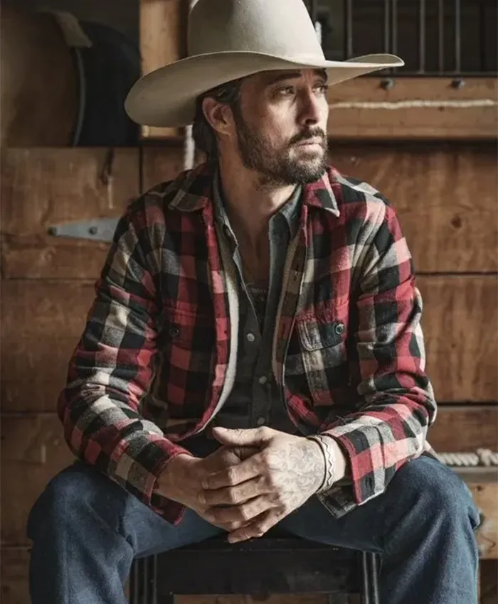 Ryan Bingham Yellowstone S03 Walker Shirt Style Red Cotton Fabric Plaid Jacket For Sale