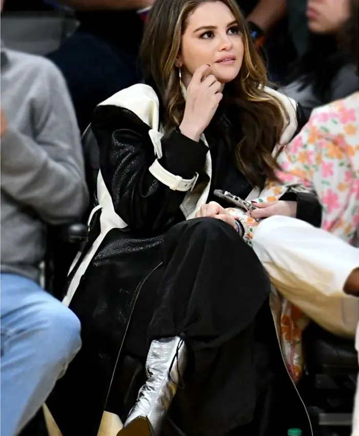 Selena Gomez Black And White Leather Trench Coat