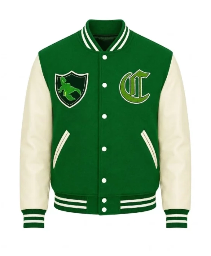 Shop Franklin Adamim GTA 5 Green And White Wool And Leather Varsity Jacket