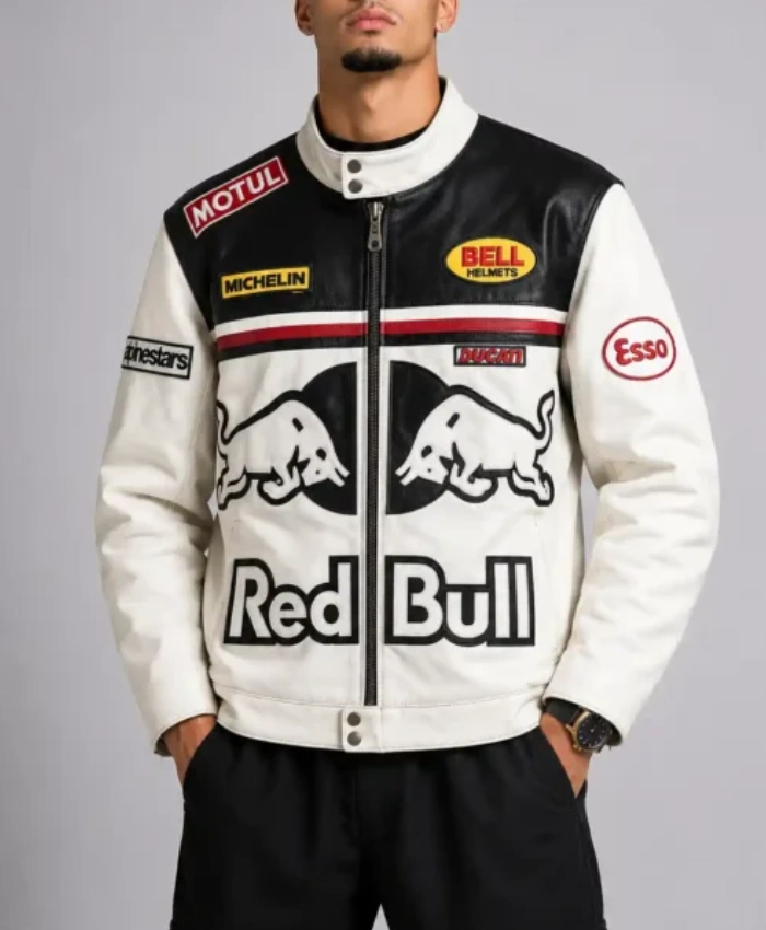 Shop Now Red Bull Bike Racing White Leather Jacket For Sale