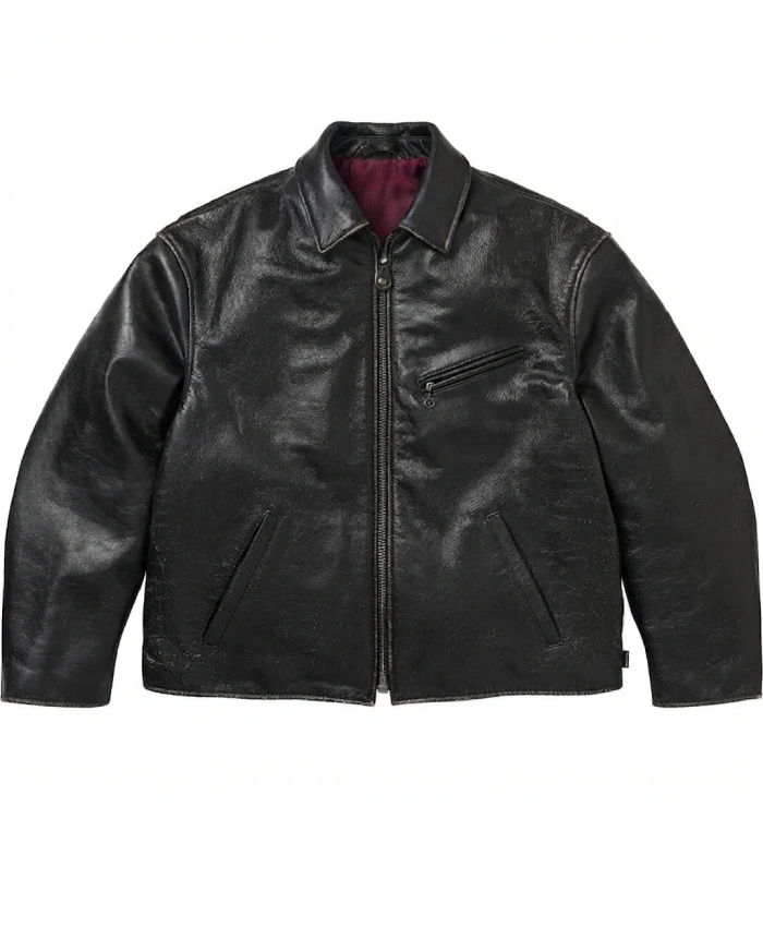 Shop Now Supreme x Schott Distressed Black Leather Zip Up Jacket
