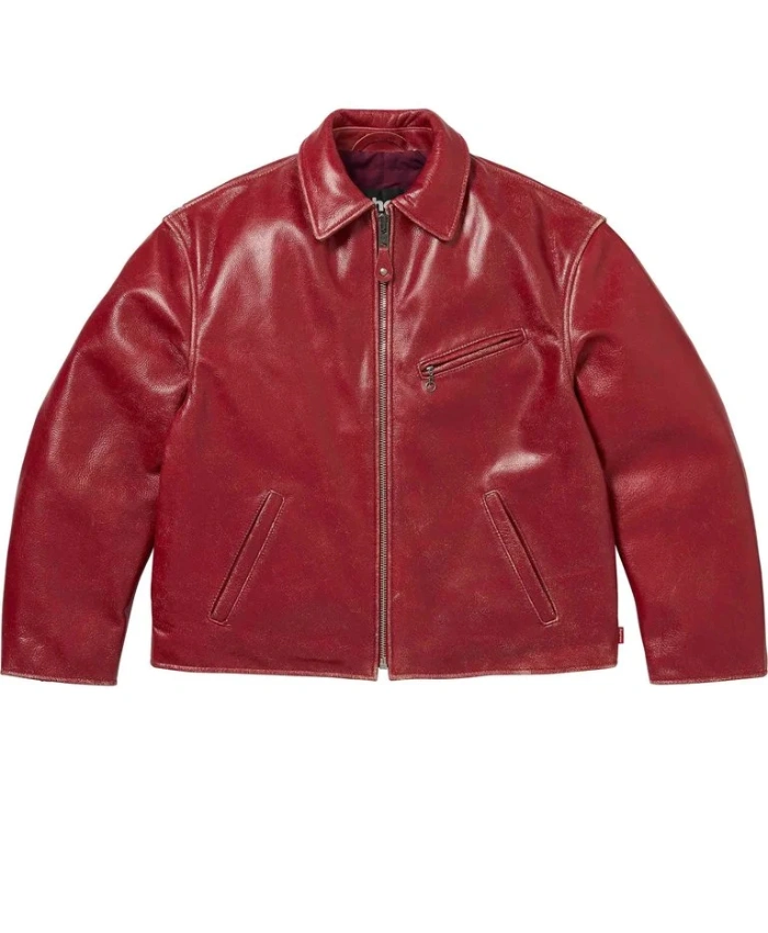 Shop Now Supreme x Schott Distressed Red Leather Zip Up Jacket