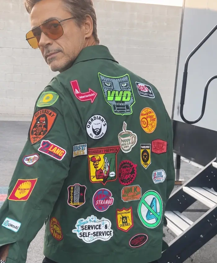 Shop Robert Downey Jr Marvel Patch Green Jacket