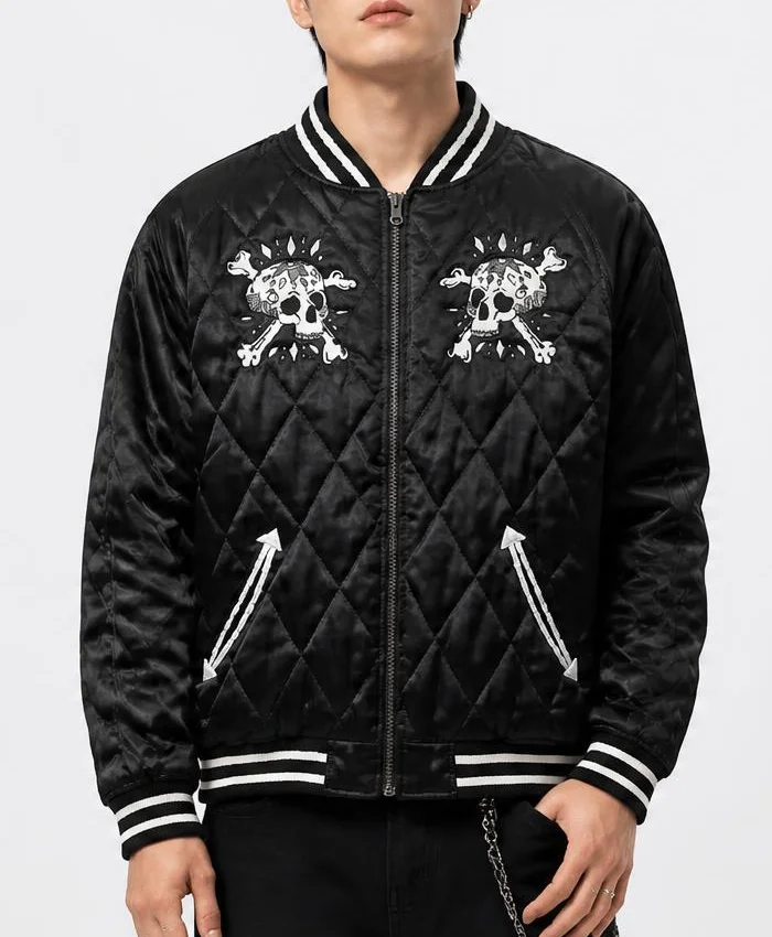 Skull and Crossbone Quilted Black Jacket Mens