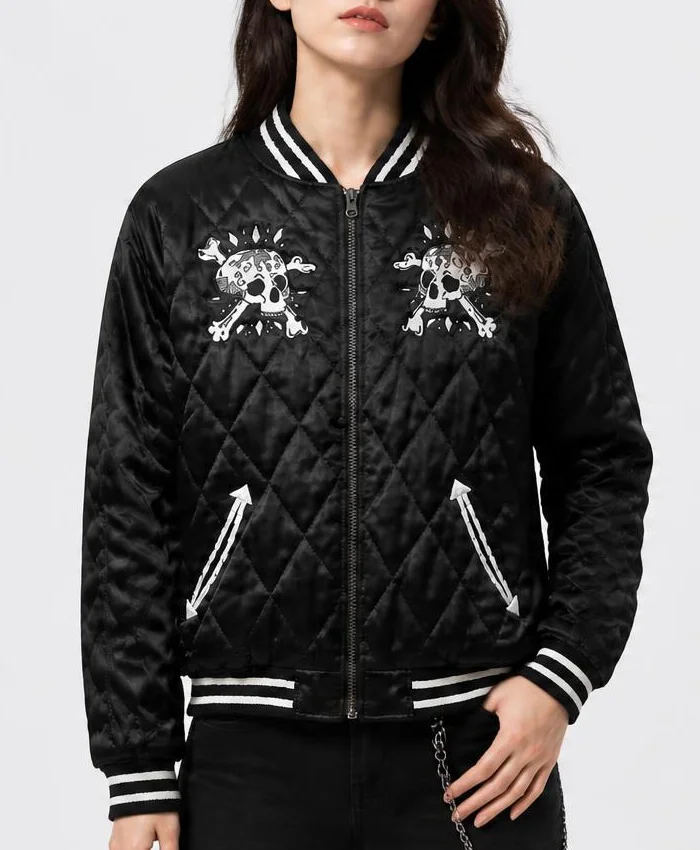 Skull and Crossbone Quilted Black Jacket Womens