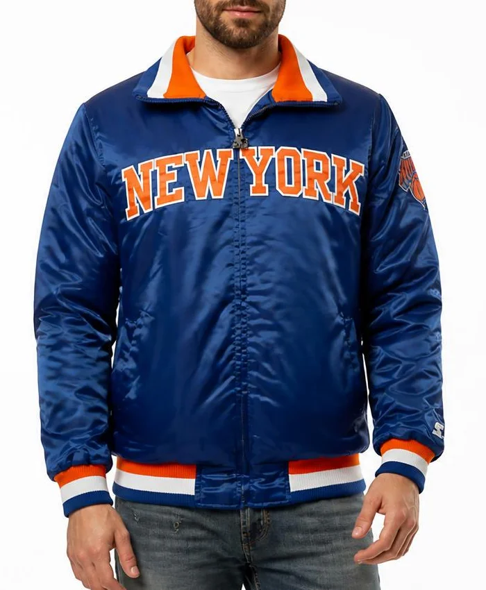 Starter NY Knicks Bomber Blue Satin Jacket Mens