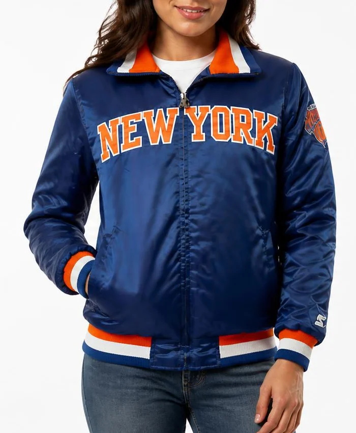 Starter NY Knicks Bomber Blue Satin Jacket Womens