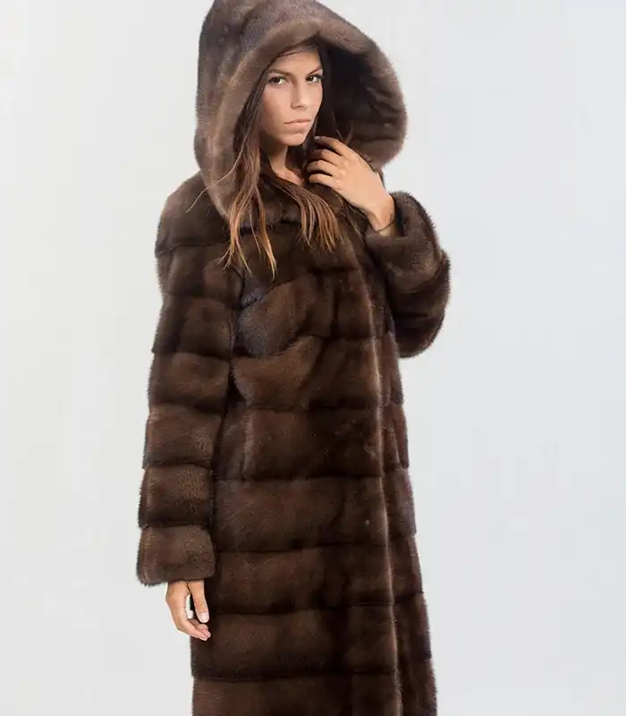 Stuart Mink Fur Long Hooded Brown Coat