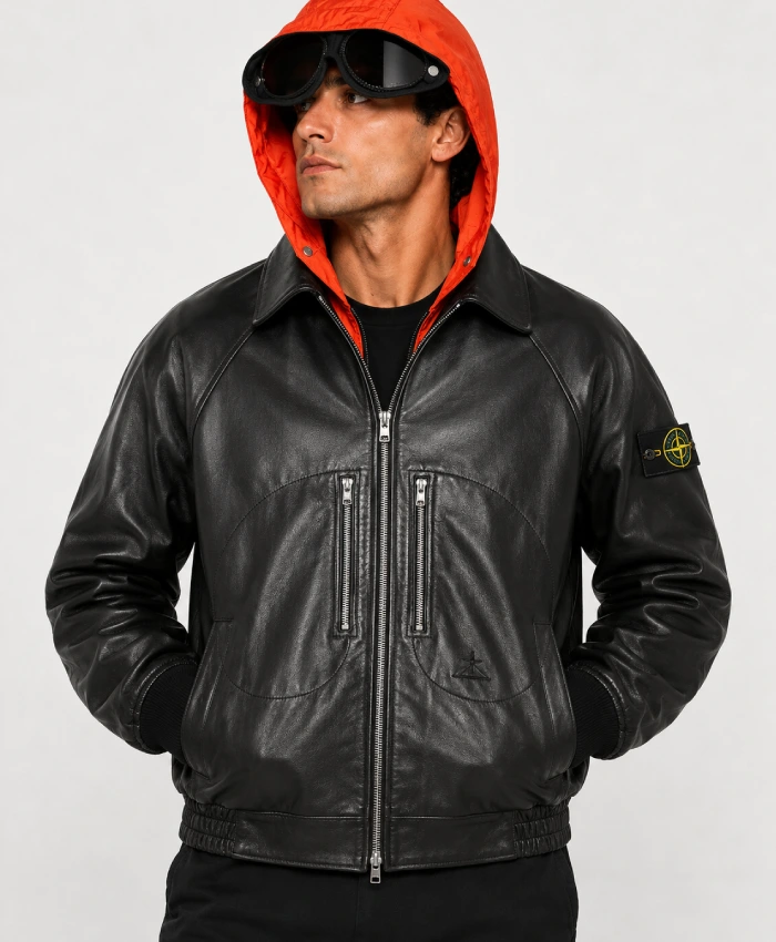 Supreme Stone Island Leather Bomber Hooded Jacket
