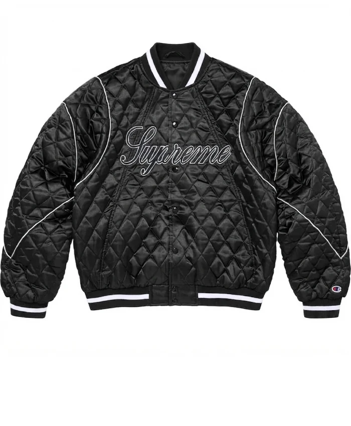 Supreme x Champion Quilted Full Snap Black Satin Varsity Jacket