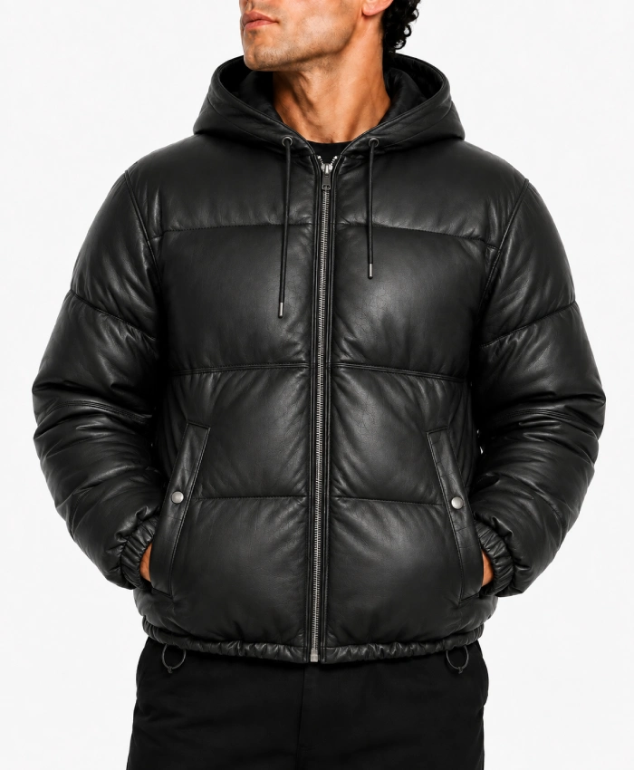 Supreme x Schott Leather Down Hooded Puffer Jacket in Black