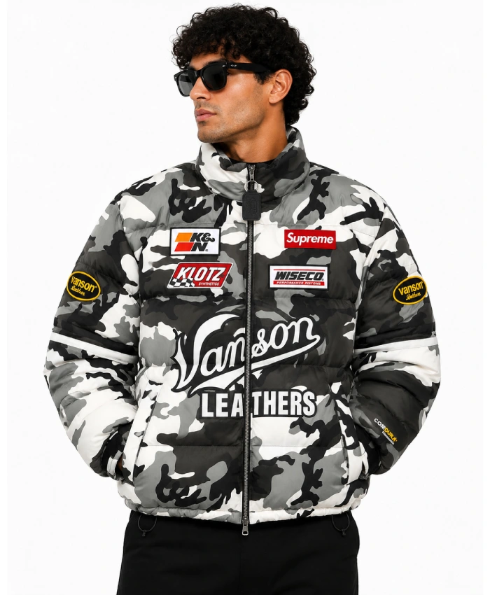 Buy Supreme x Vanson Leathers Cordura Down Detachable Hood Snow Camo Jacket for Unisex