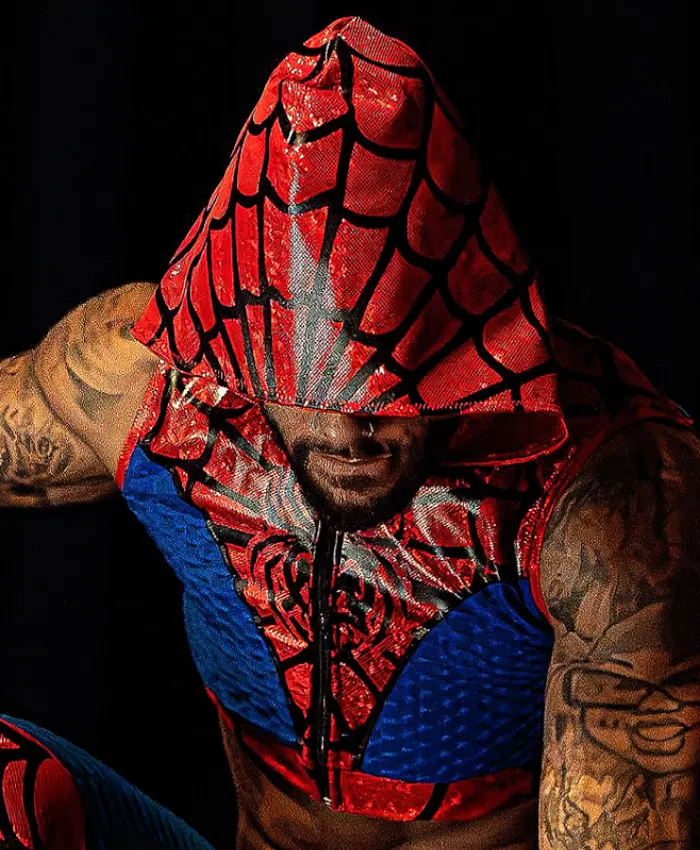 TNA Lockdown 2026 Trey Miguel Spider Man Red and Blue Vest