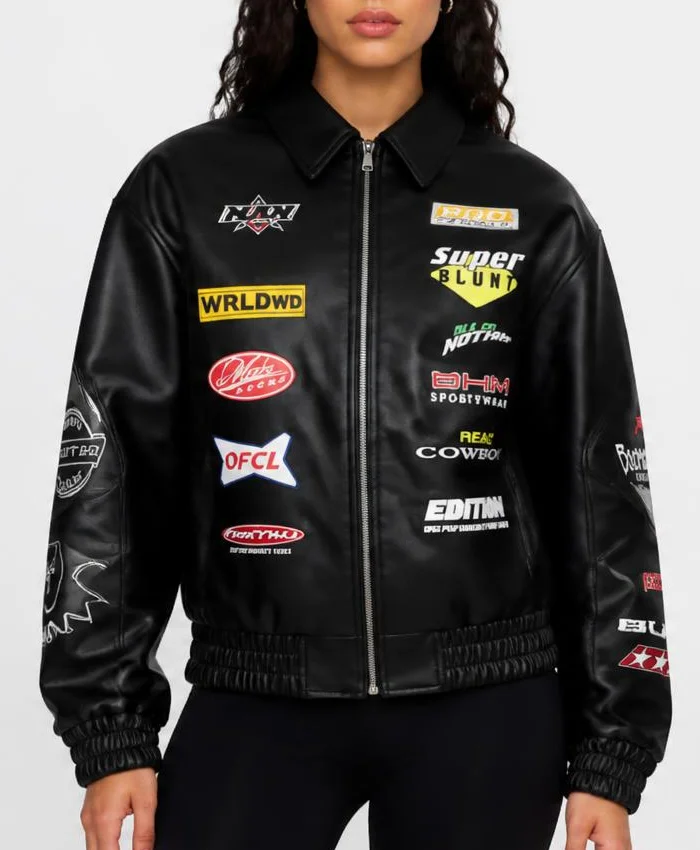 The Only Way Is Essex S37 Harry Derbidge Patched Leather Jacket Womens