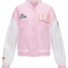 University of Miami Fanatics x LoveShackFancy Pink and White Fleece Varsity Jacket
