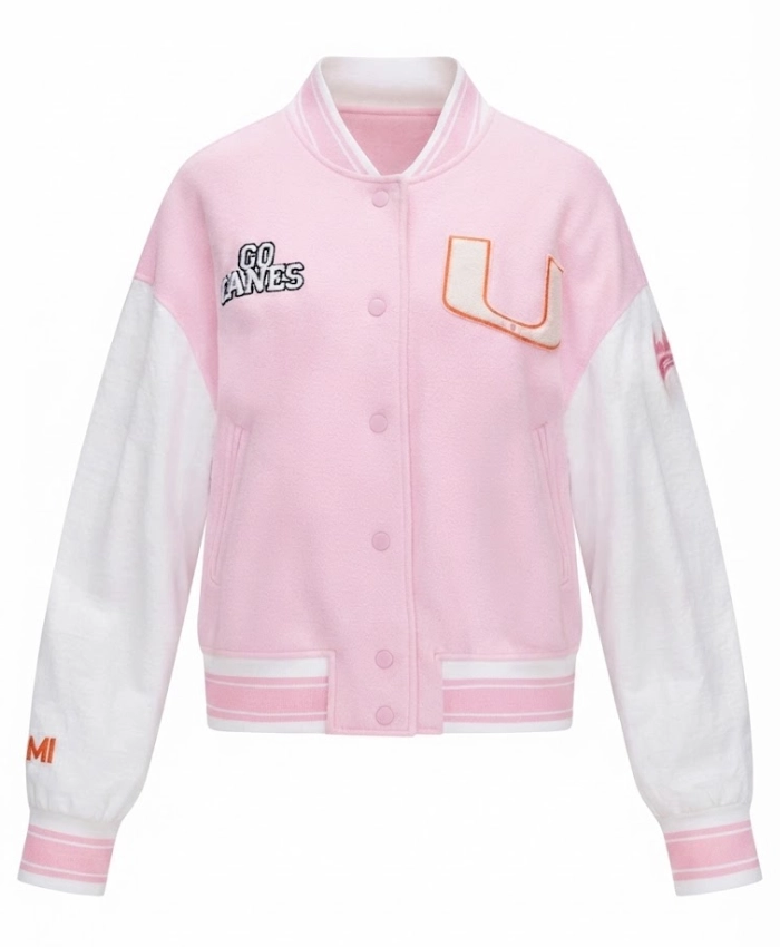 University of Miami Fanatics x LoveShackFancy Pink and White Fleece Varsity Jacket