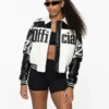 WNBA Sydney Taylor AKIRA Moto Leather Black and White Bomber Jacket