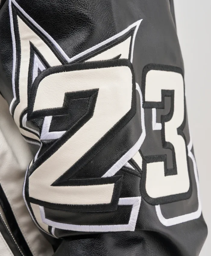 WNBA Sydney Taylor AKIRA Moto Leather Black and White Bomber Jacket Sale