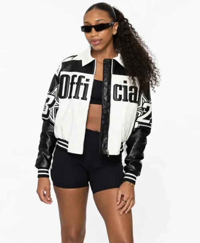WNBA Sydney Taylor AKIRA Moto Leather Black and White Bomber Jacket