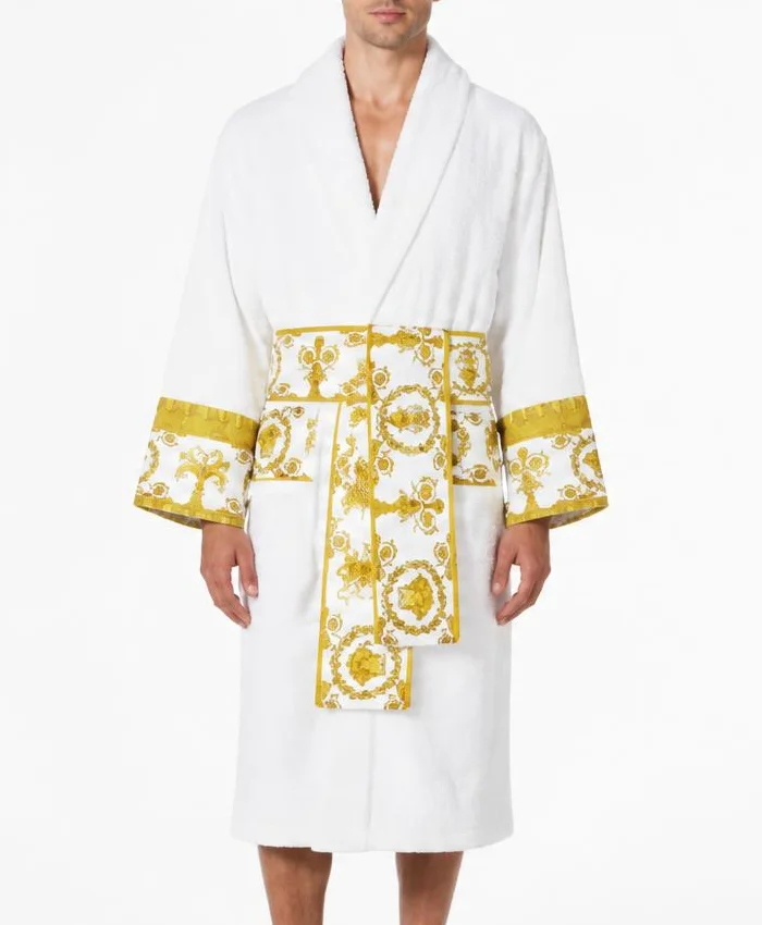 White Versace Robe Gold Belt Mens