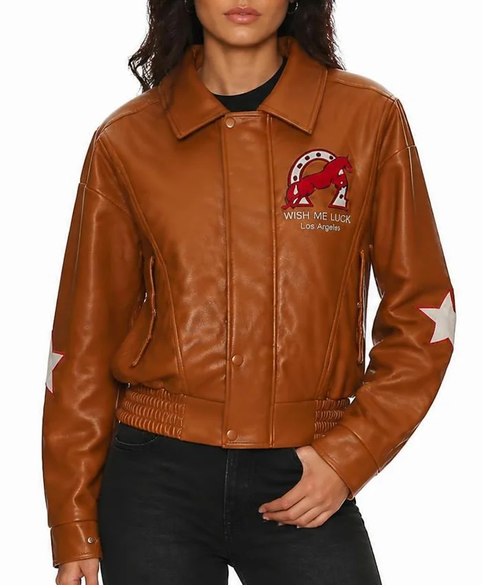 Wish Me Luck Cropped Leather Bomber Jacket Womens