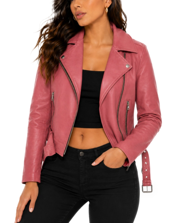 Barbie Doll Pink Bomber Biker Motorcycle Real Leather Jacket For Womens