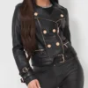 Womens Black Belted Leather Jacket Detail On Sale