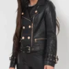 Womens Black Belted Leather Jacket with Gold Button Detail