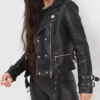 Womens Black Belted Leather Jacket with Gold Button Detail On Sale