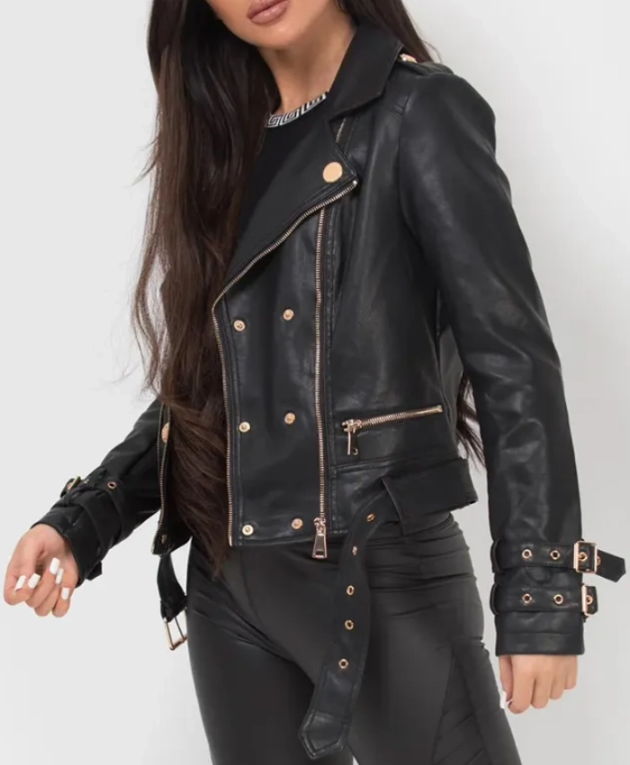 Womens Black Belted Leather Jacket with Gold Button Detail On Sale