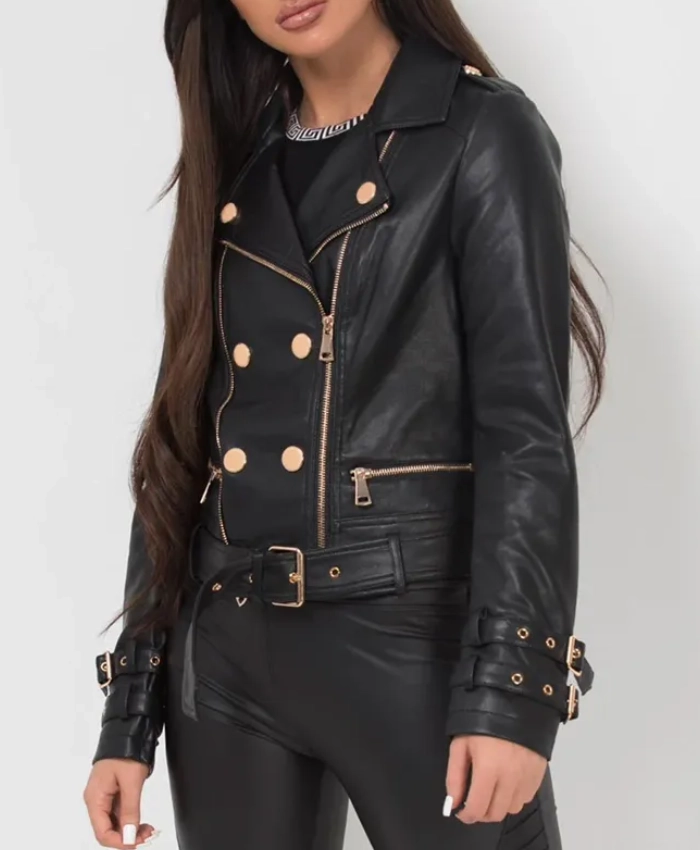 Womens Black Belted Leather Jacket with Gold Button Detail