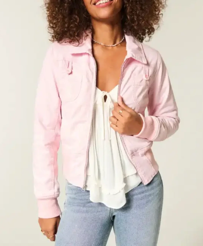 Womens Hollister Twill Pink Zip Up Jacket