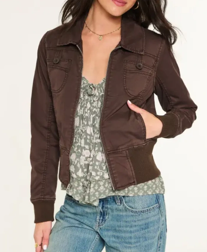 Womens Hollister Twill Zip Up Brown Jacket