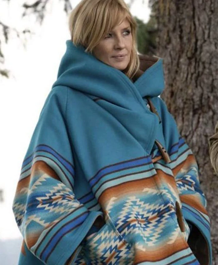 Yellowstone Beth Dutton Turquoise Blanket Hooded Poncho Coat