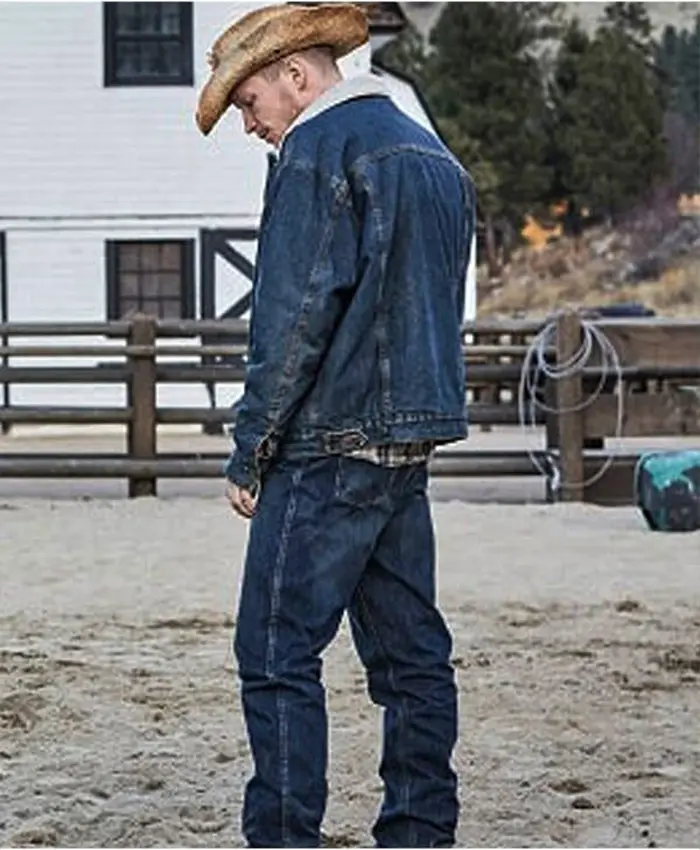 Yellowstone Jefferson White Blue Denim Fur Trucker Jacket Back