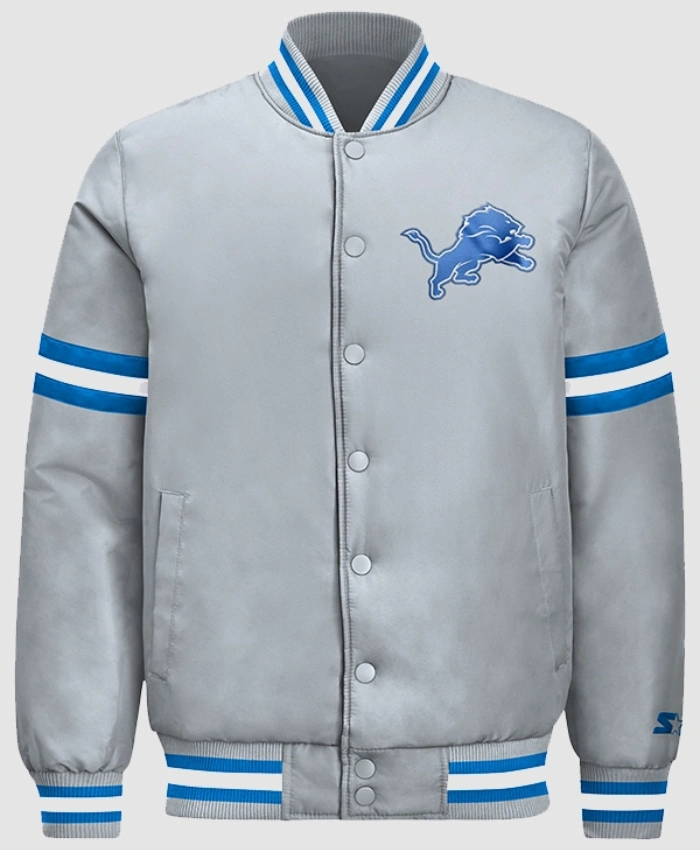 2026 Detroit Lions Courtside Starter Full Snap Grey Satin Bomber Jacket 