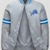 2026 Detroit Lions Courtside Starter Full Snap Grey Satin Varsity Bomber Jacket