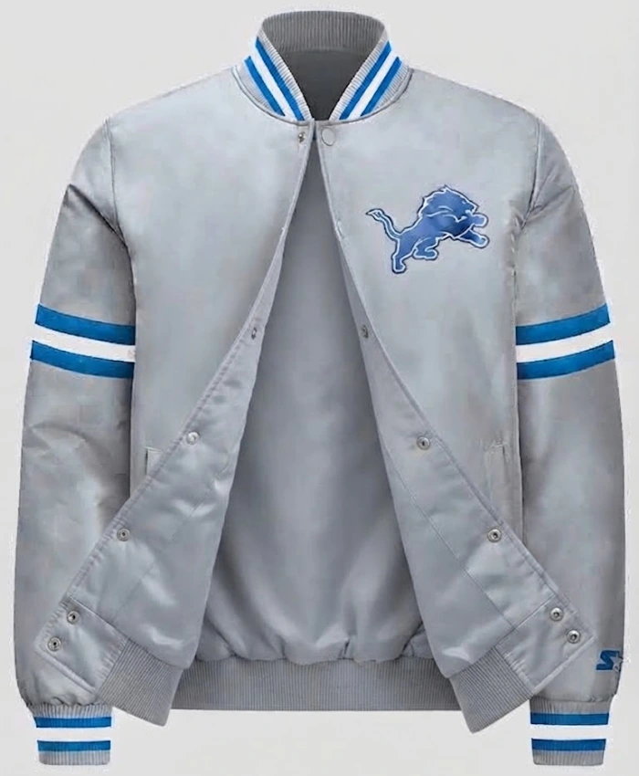 2026 Detroit Lions Courtside Starter Full Snap Grey Satin Varsity Bomber Jacket