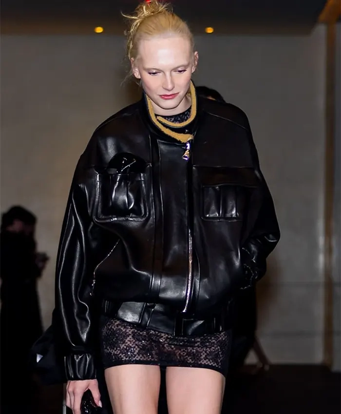 Alex Consani New York City 2026 Black Leather Bomber Jacket
