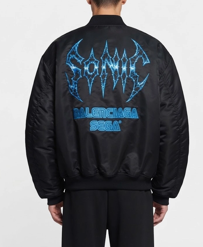 Balenciaga x SEGA Sonic the Hedgehog Black Satin Bomber Jacket