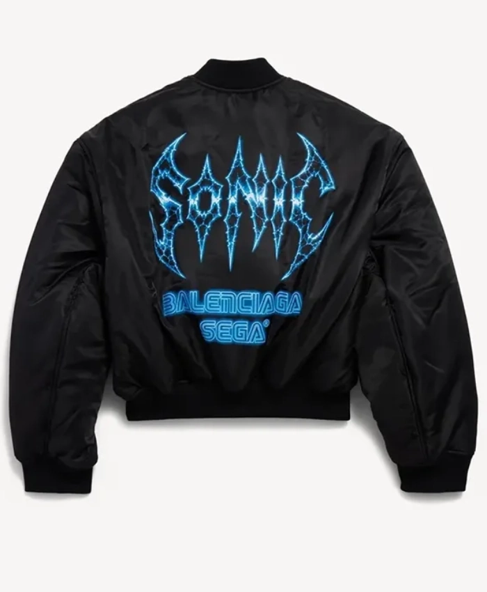 Balenciaga x SEGA Sonic the Hedgehog Black Satin Bomber Varsity Jacket On Sale