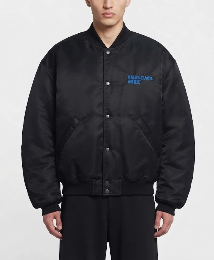Balenciaga x SEGA Sonic the Hedgehog Black Satin Bomber Varsity Jacket