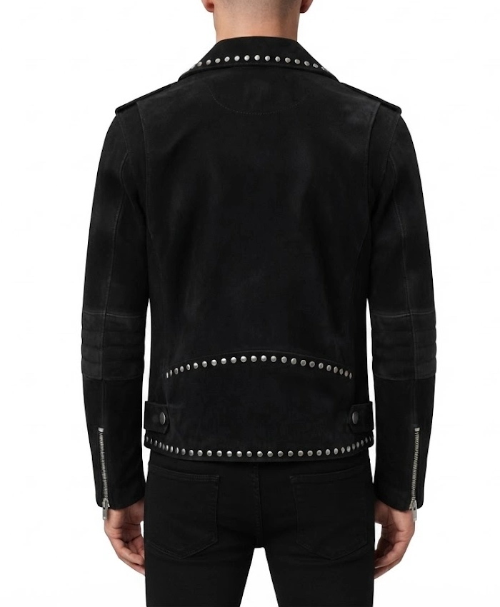 Men’s Black Studded Suede Biker Jacket - Image 5